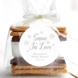 Snow in love White Winter Bridal Shower Classic Round Sticker<br><div class="desc">Add a magical touch to your winter bridal shower with this Personalized Snow in Love White Winter Bridal Shower Classic Round Sticker. Perfect for enhancing winter bridal shower themes, these elegant stickers are a charming addition to any decor. Incorporate them into your winter bridal shower ideas to create a cohesive...</div>