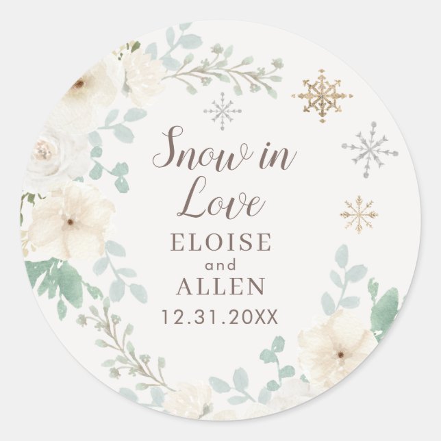 Snow In Love White Winter Floral Classic Round Sticker (Front)