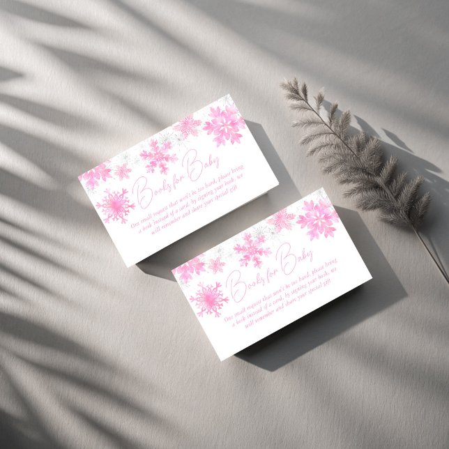 Snow in love winter baby shower book request enclosure card (Snow in love winter baby shower book request enclosure card pink snowflakes books for baby cards)