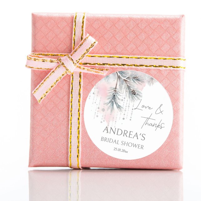 Snow in love winter bridal shower favor classic round sticker (Snow in love winter bridal shower favor sticker watercolor pastel snowy pines thank you stickers)