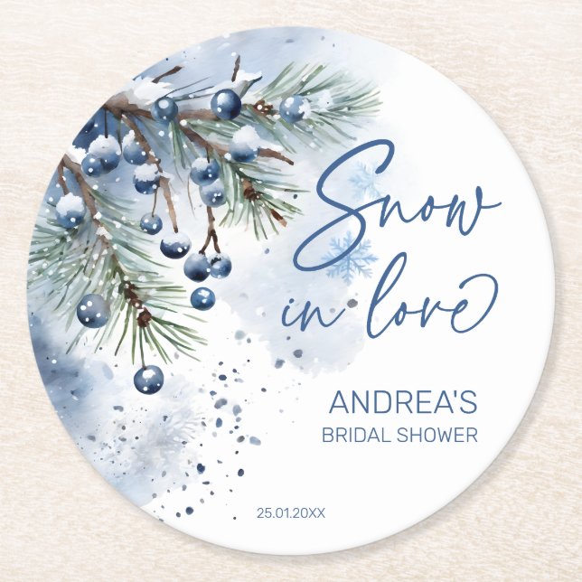 Snow in love winter bridal shower favors round paper coaster (Front)