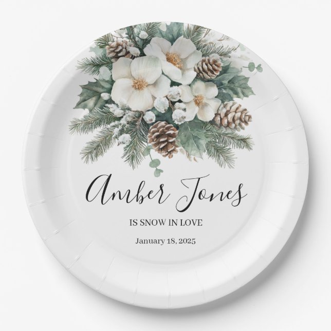 Snow In Love Winter Bridal Shower Invitation Paper Plates (Front)
