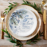 Snow in love winter bridal shower monogrammed paper plates<br><div class="desc">Snow in love winter bridal shower monogrammed paper plates template,  watercolor dusty blue winter berries on snowy pine branches snowflakes personalized paper plates,  winter bridal shower personalized table decor customized paper plates,  winter bridal shower party supplies</div>