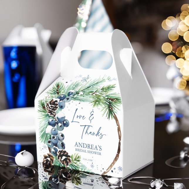Snow in love winter bridal shower pines wreath favor boxes (Snow in love winter bridal shower pines blue winter berries wreath template favor box dusty blue)