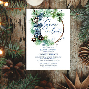 Snow in love winter bridal shower pines wreath invitation
