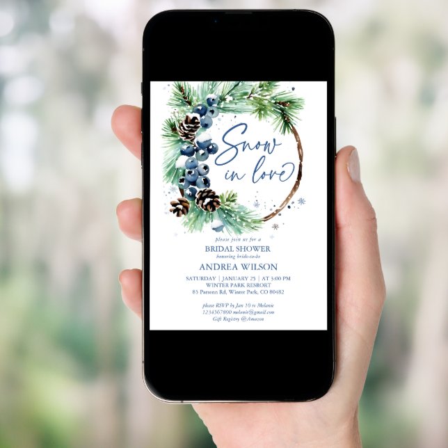 Snow in love winter bridal shower pines wreath invitation (Front Digital)