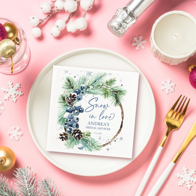 Snow in love winter bridal shower pines wreath napkins (Snow in love winter bridal shower pines wreath personalized napkins rustic pines winter tableware)