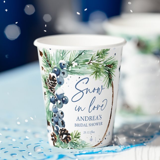 Snow in love winter bridal shower pines wreath paper cups (Snow in love winter bridal shower pines wreath personalized paper cups monogrammed tableware)