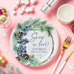 Snow in love winter bridal shower pines wreath paper plates<br><div class="desc">Snow in love winter bridal shower template party plates,  watercolor dusty blue winter berries on snowy pine branches snowflakes modern casual font personalized bridal shower tableware custom plates</div>