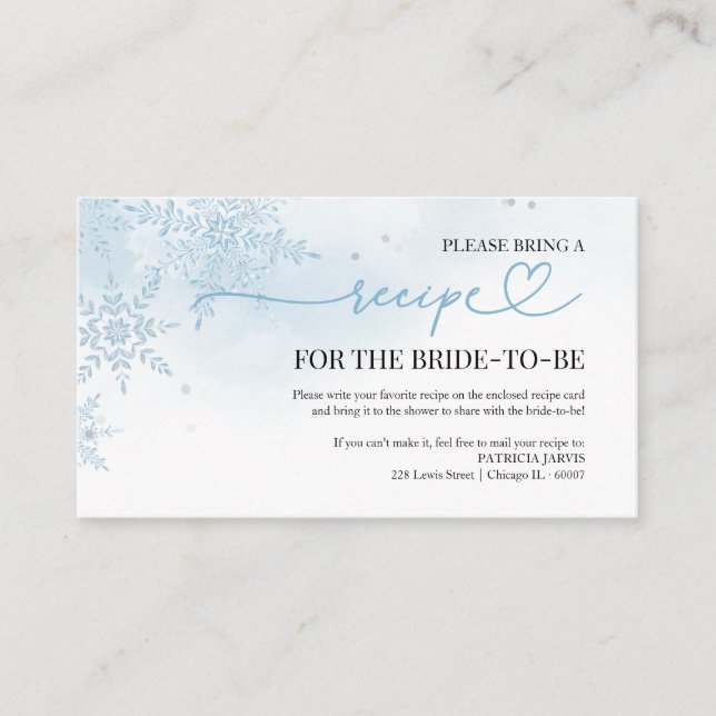 Snow in Love Winter Bridal Shower Recipe Request Enclosure Card (Front)