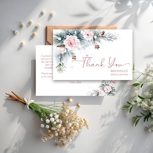 Snow in love winter bridal shower snowy pines thank you card (Snow in love winter bridal shower snowy pines blush pink roses thank you cards)