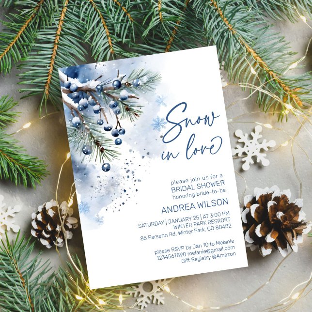 Snow in love winter bridal shower template (Snow in love winter bridal shower editable template invitation digital download watercolor pines)