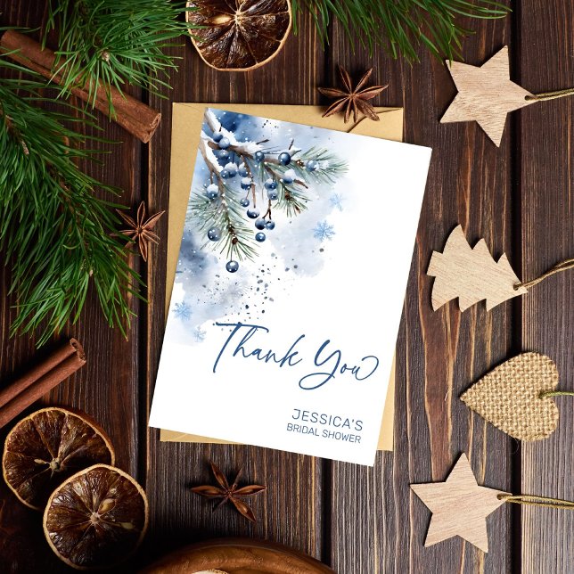 Snow in love winter bridal shower template (Snow in love winter bridal shower template thank you card watercolor snowy pines blue winter berries)