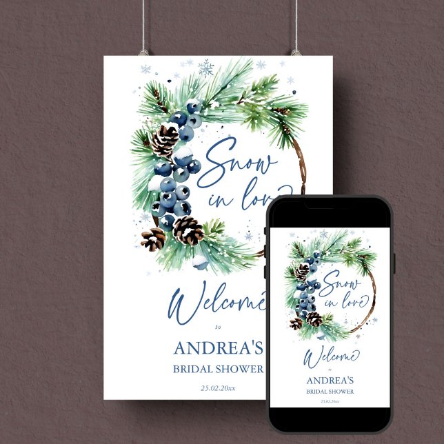 Snow in love winter bridal shower welcome sign (Snow in love winter bridal shower editable template welcome sign digital download watercolor pine)