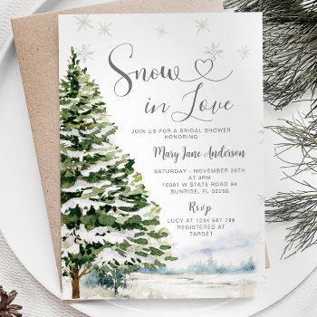 Snow In Love Winter Evergreen Bridal Shower Invitation by HappyPartyStudio at Zazzle