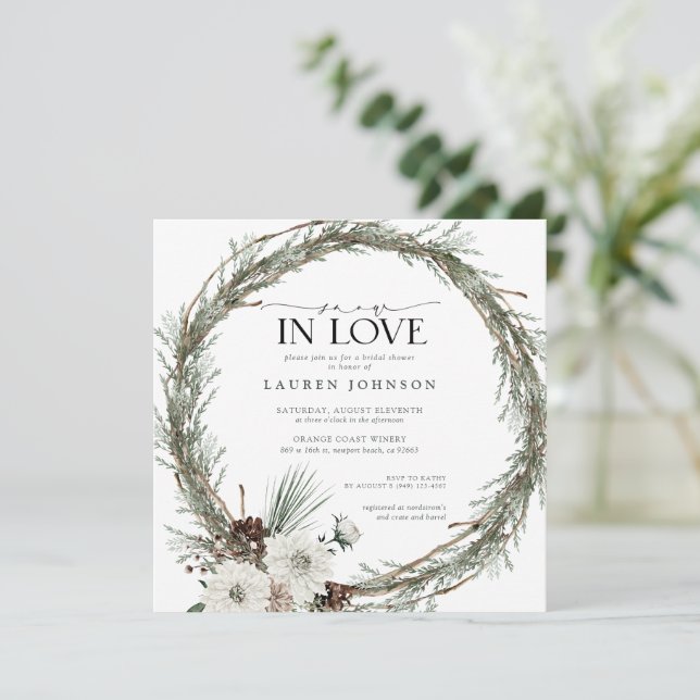 Snow In Love Winter Evergreen Bridal Shower Invitation (Standing Front)