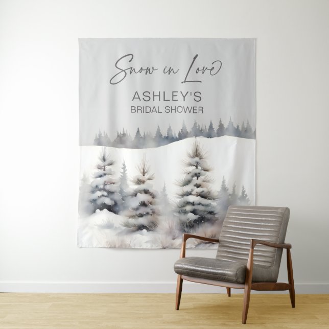 Snow in love winter forest bridal shower backdrop (In Situ)