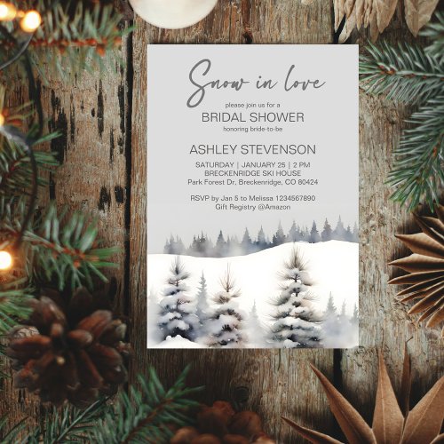 Snow in love winter pine forest bridal shower invitation
