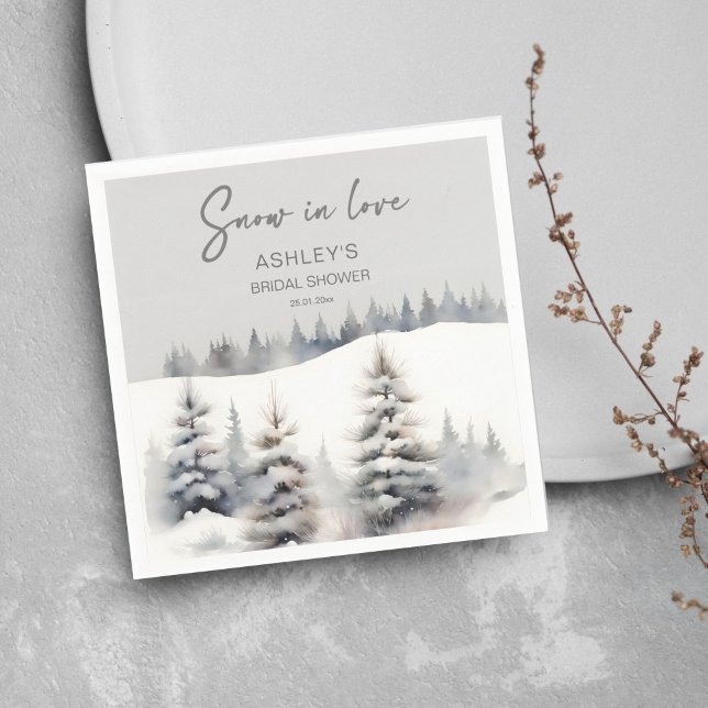 Snow in love winter pine forest bridal shower napkins (Snow in love winter pine forest bridal shower template napkins watercolor snowy pines casual font)