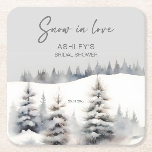 Snow in love winter pine forest bridal shower square paper coaster