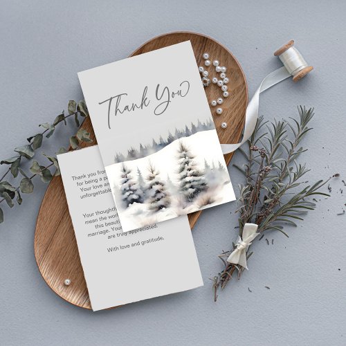 Snow in love winter pine forest bridal shower thank you card