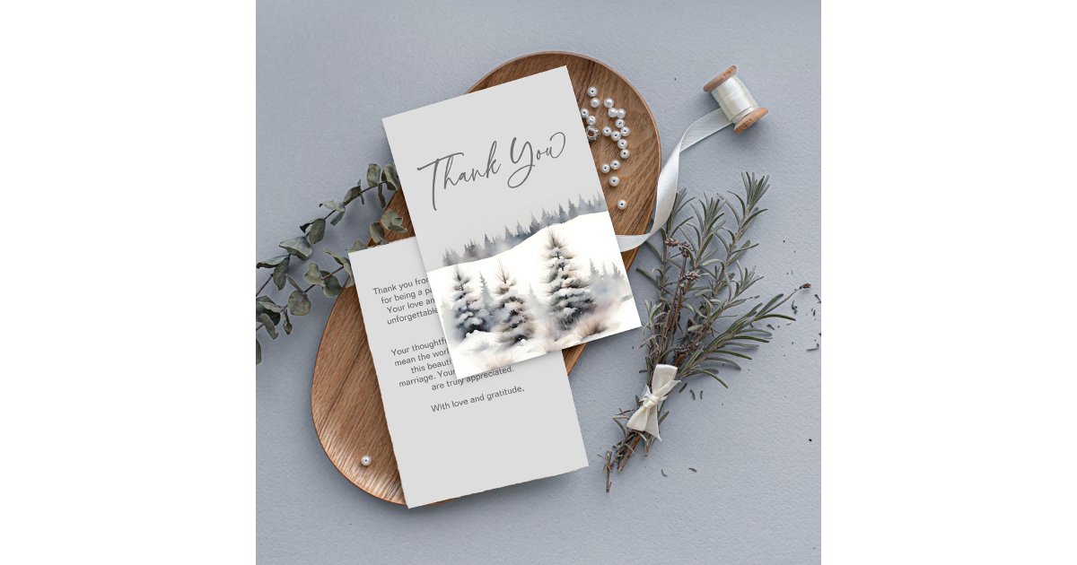 Snow in love winter pine forest bridal shower thank you card | Zazzle