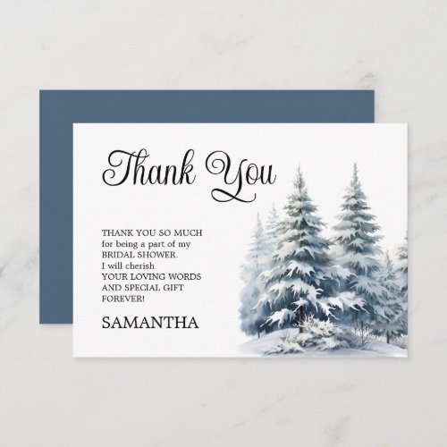 Snow in Love winter pine forest Bridal Shower Thank You Card