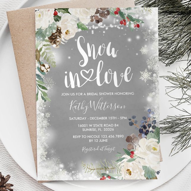 Snow in love Winter White Floral Bridal Shower  Invitation (Creator Uploaded)