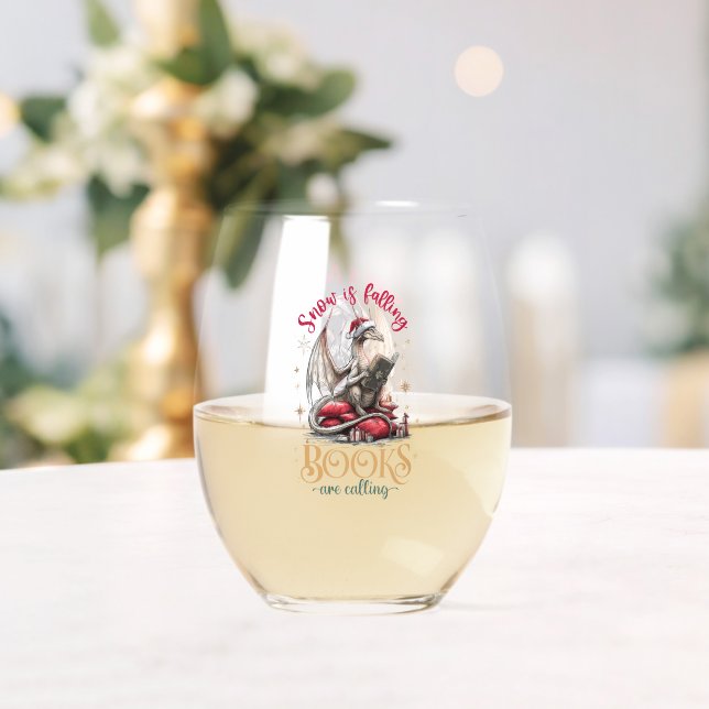 Snow Is Falling, Books Are Calling  Stemless Wine Glass (Insitu (Wedding))