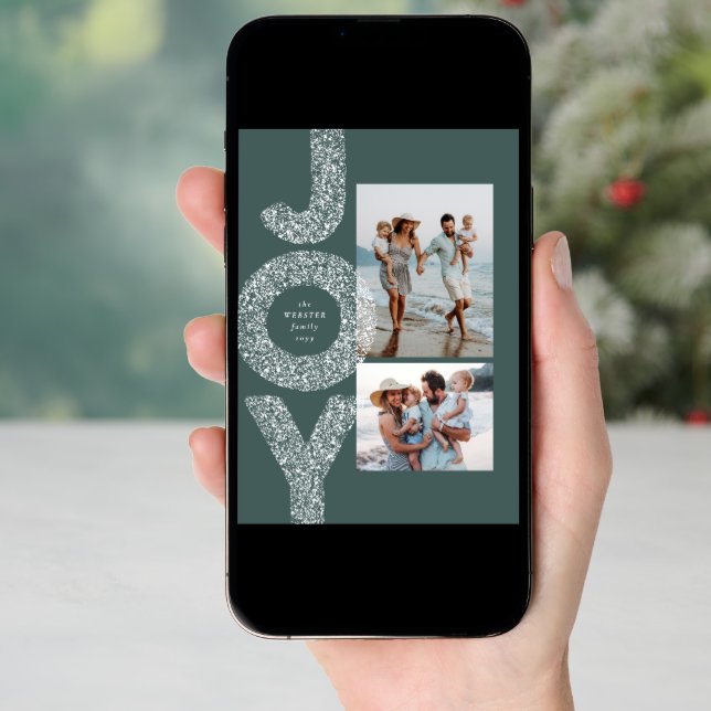 Snow joy speckle two photo green Christmas Holiday Card (Front Digital)