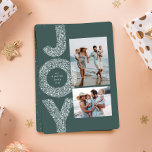 Snow joy speckle two photo green Christmas Holiday Card<br><div class="desc">A festive flurry JOY frames two photos on this unique Christmas card. Perfect for sending holiday greetings to family and friends,  it features a vertical and a horizontal photo on a trendy green background. The back of the card is a matching green speckled with a coordinating white snow pattern.</div>