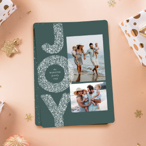 Snow joy speckle two photo green Christmas Holiday Card
