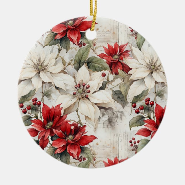 Snow-kissed Elegance White and Red Poinsettia Ceramic Ornament (Front)
