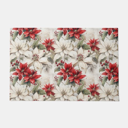 Snow_kissed Elegance White and Red Poinsettia Doormat