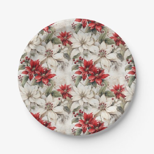 Snow_kissed Elegance White and Red Poinsettia Paper Plates