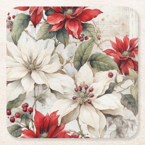 Snow_kissed Elegance White and Red Poinsettia Square Paper Coaster