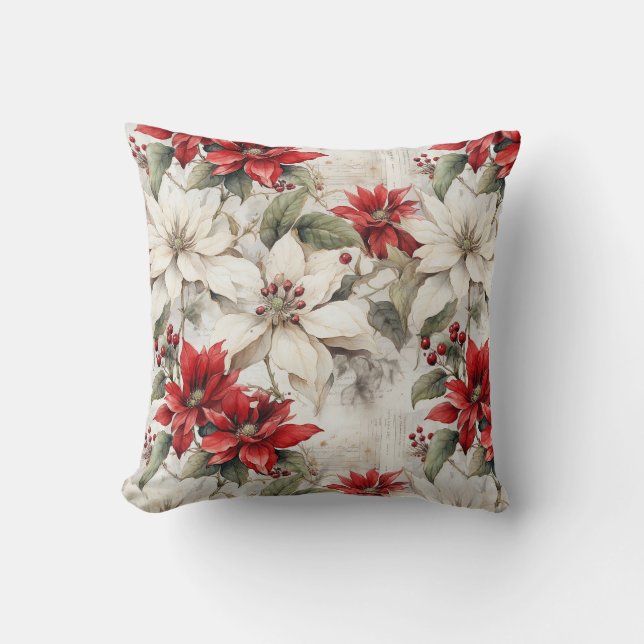 Snow-kissed Elegance: White and Red Poinsettia Throw Pillow (Front)