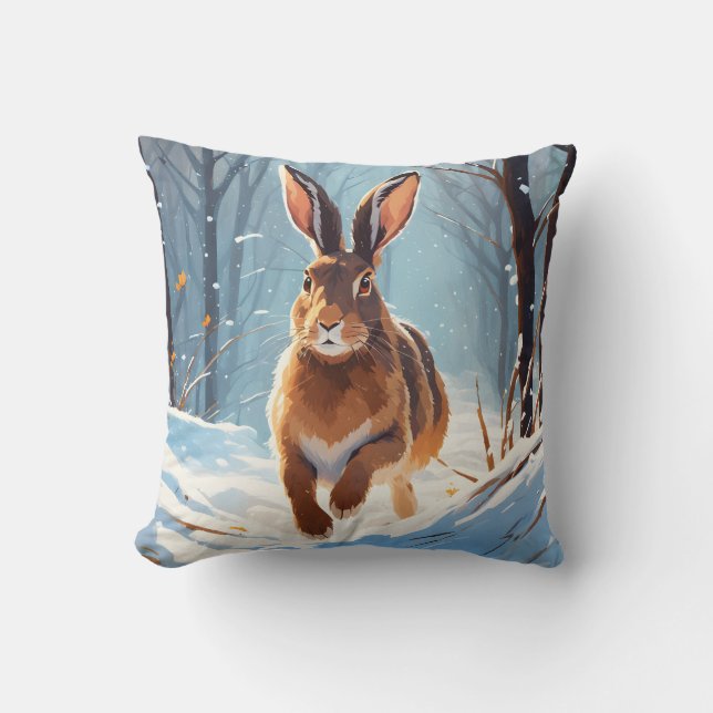 Snow-Kissed Revelry: The Hare Run Throw Pillow (Front)