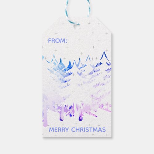 Snow Laden Christmas Trees in Blue Purple  White Gift Tags