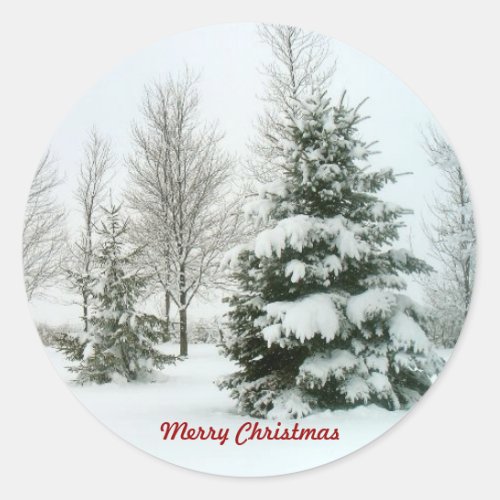 Snow_Laden Trees Merry Christmas Classic Round Sticker