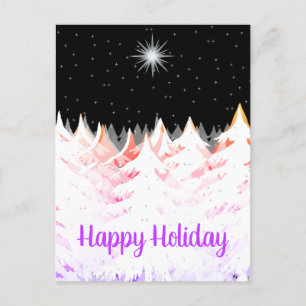 Snow Laden Trees Orange Purple Stars Night Sky Holiday Postcard