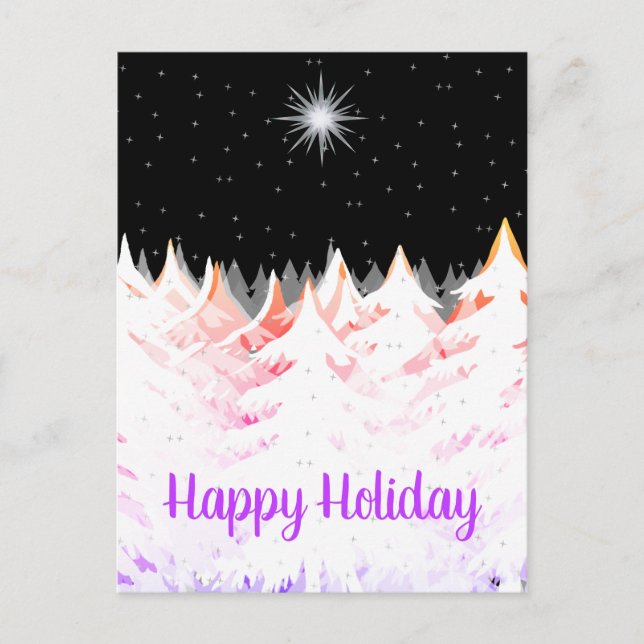 Snow Laden Trees Orange Purple Stars Night Sky Holiday Postcard (Front)