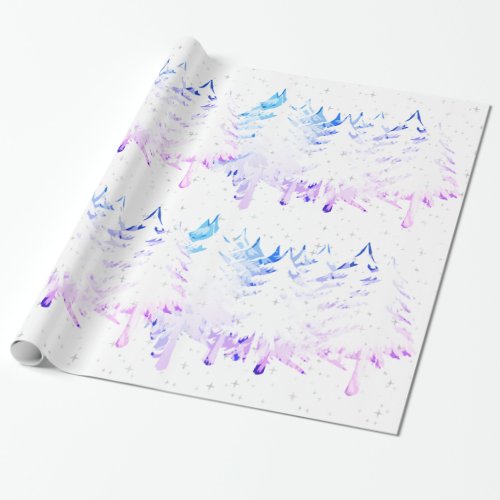 Snow Laden White Blue Purple Pink Christmas Trees Wrapping Paper