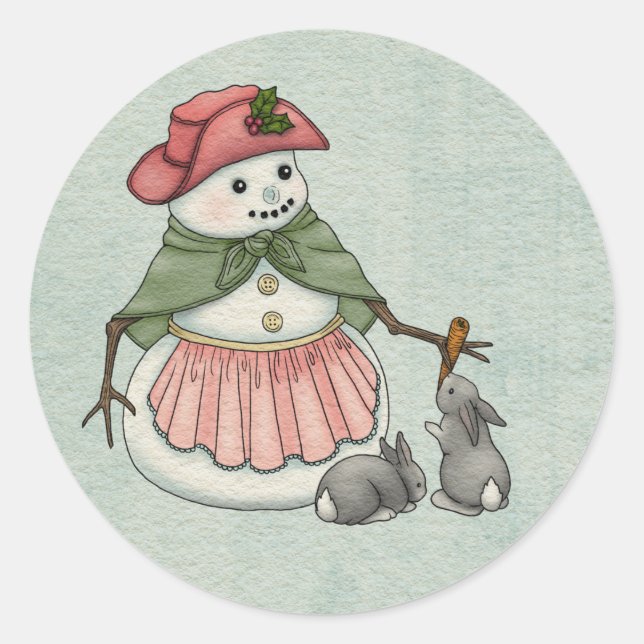 Snow Lady with Bunnies Christmas Holiday Classic Round Sticker (Front)