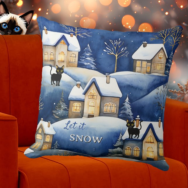 Snow Landscape Cute Winter Cat Throw Pillow (Pillow featuring a painting of a cool snow covered winter landscape with cute cats - Christmas)