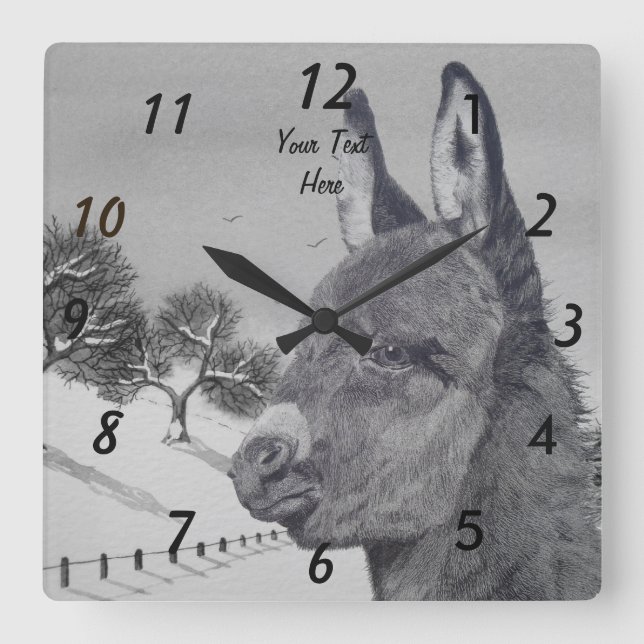 snow landscape lifelike pencil drawing of donkey square wall clock (Front)