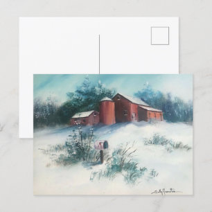 Snow Landscape Painting Rustic Farm  Postcard
