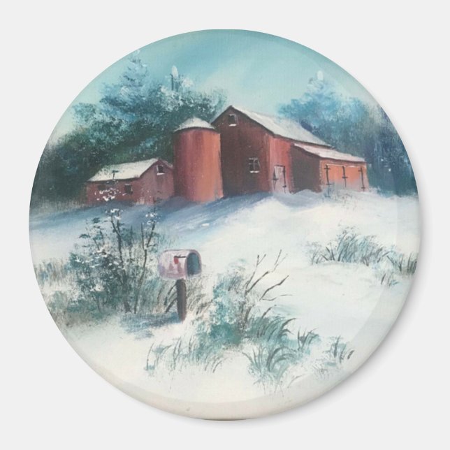 Snow Landscape Painting Rustic Farm with Barn  Magnet (Front)