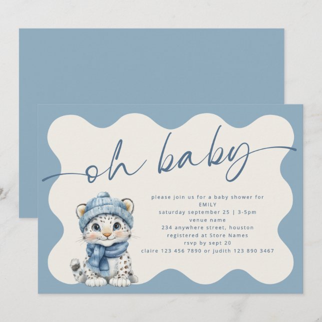 Snow Leopard Arctic Wavy Border Oh Baby Shower Invitation (Front/Back)