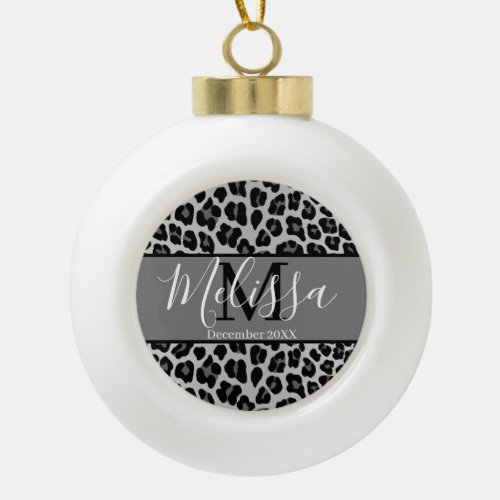 Snow leopard ceramic ball christmas ornament